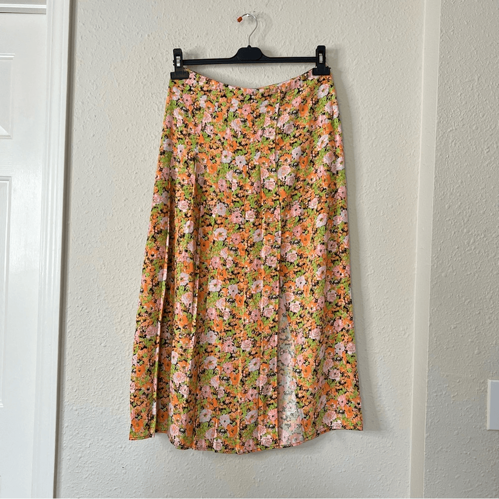 Open Edit Pleated Midi Skirt Orange Multi Meadow Floral Size Medium