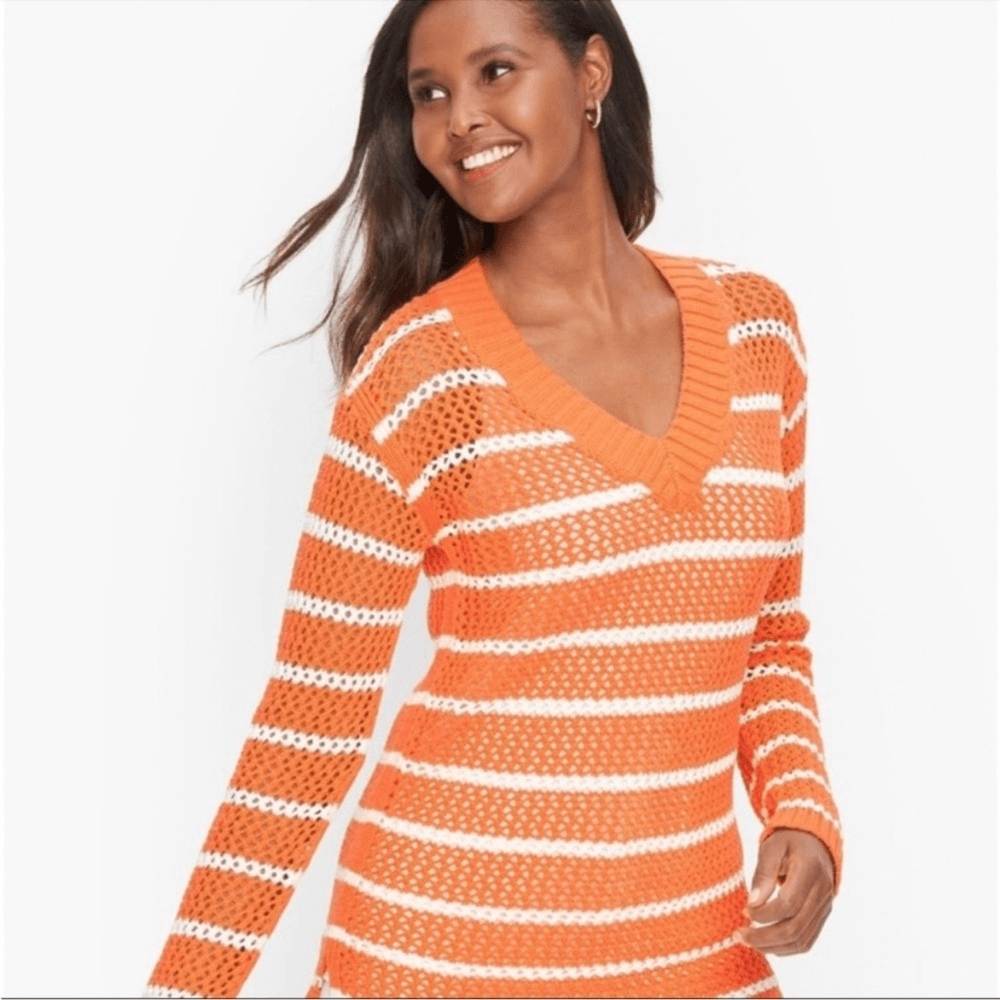 Talbots Open Weave Long Sleeve Sweater Cotton NEW Size Large Striped Resortwear