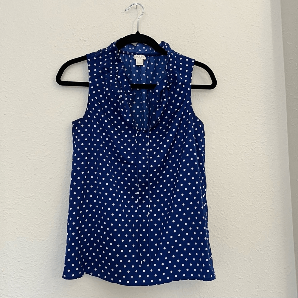 J. Crew Polka Dot Tie Ruffle Sleeveless Top Navy Blue Size 2