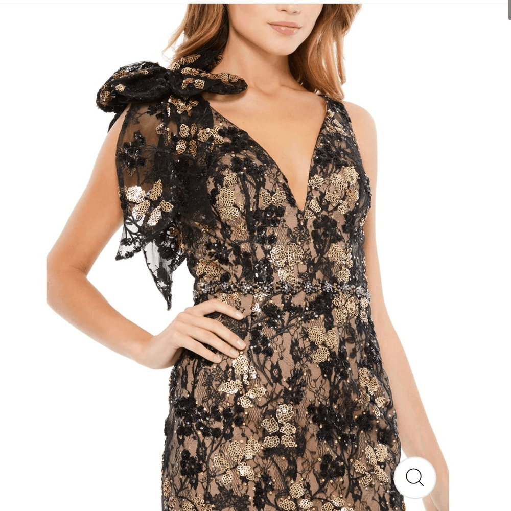 Mac Duggal Floral Embellished V-Neck Midi Dress With Shoulder Bow NEW Size 12