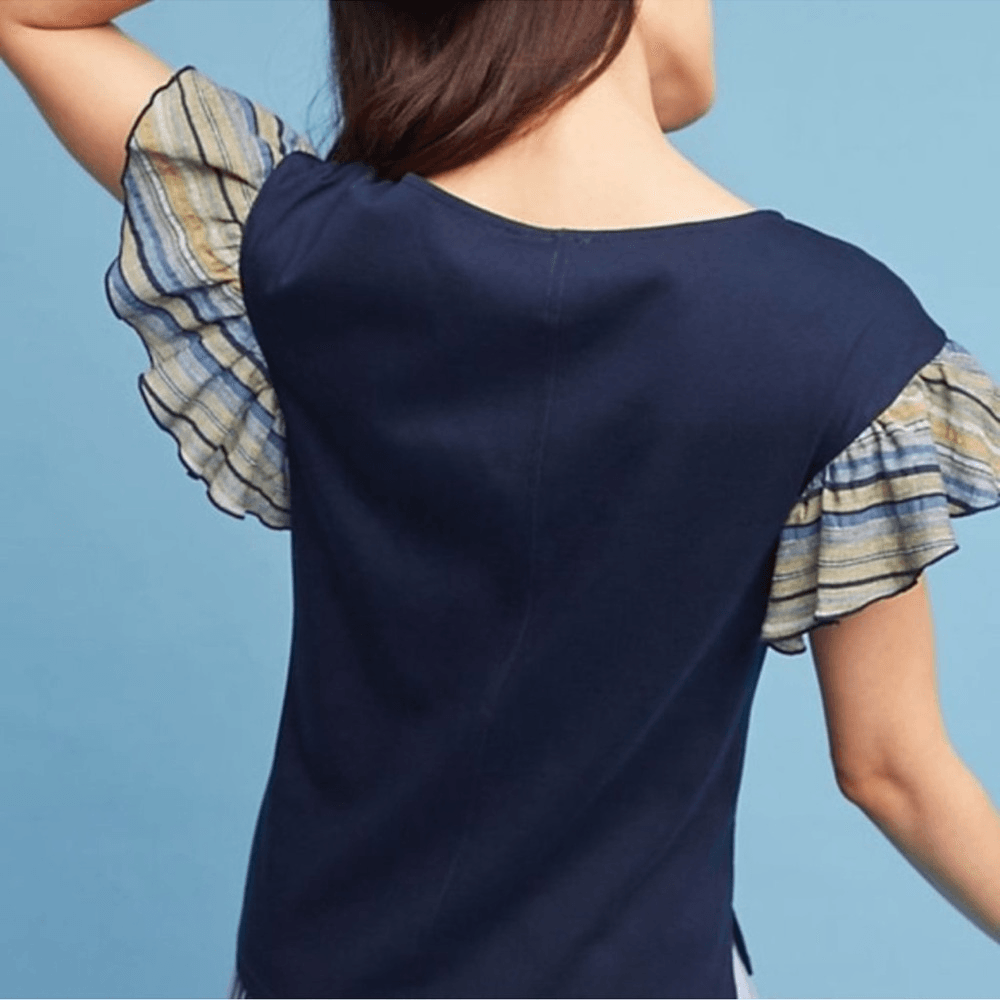 Anthropologie Postmark Seafarer Ruffle Sleeve Navy Blue Top Size Small