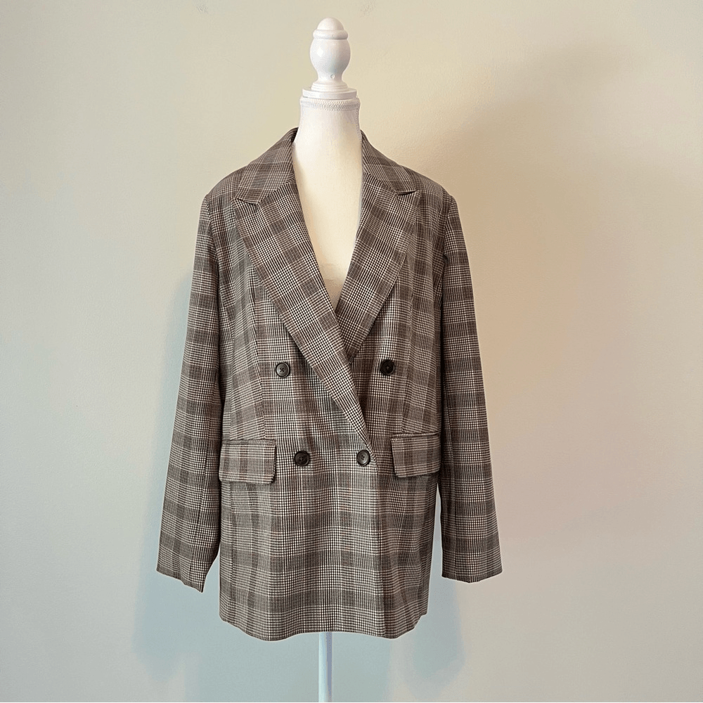 A New Day Plaid Blazer Jacket in Tan Size Medium Double Breasted Career Work