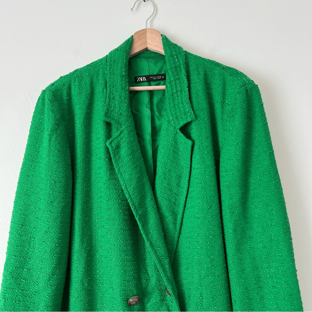 Zara Tweed Oversized Blazer Textured Double Breasted Size Large in Green Blogger