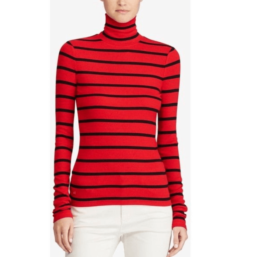 Lauren Ralph Lauren Striped Cotton Blend Ribbed Turtleneck Sweater Red Size 3X