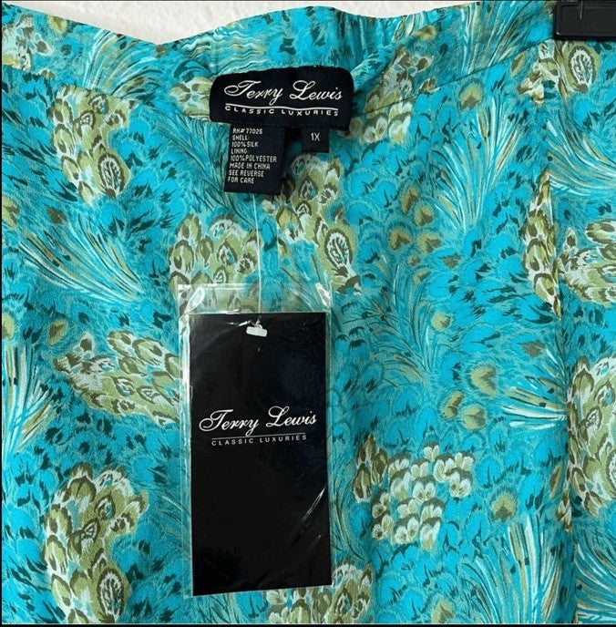Terry Lewis Peacock Floral 100% Silk Top Midi Skirt Set NEW Plus Size 2X