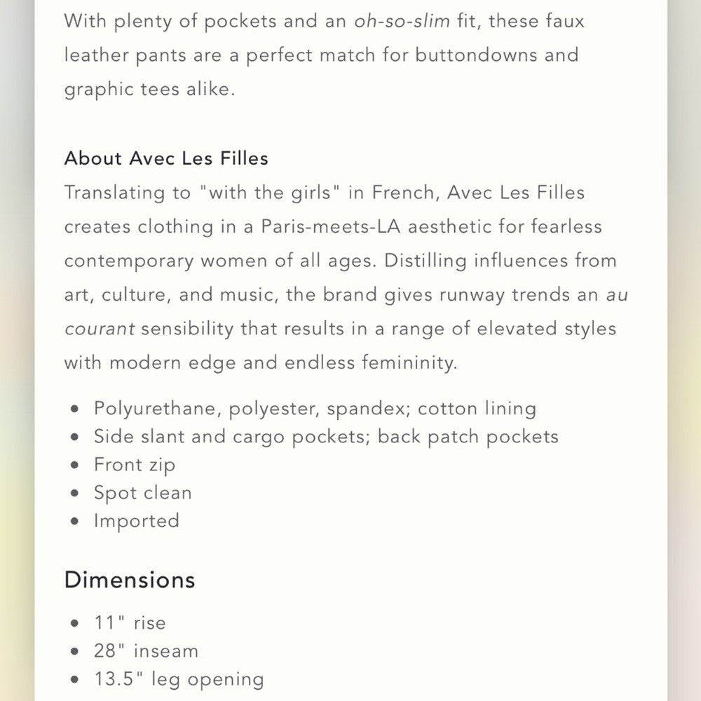 Anthropologie Avec Les Filles Gabi Vegan Faux Leather Utility Pants NEW Size XS