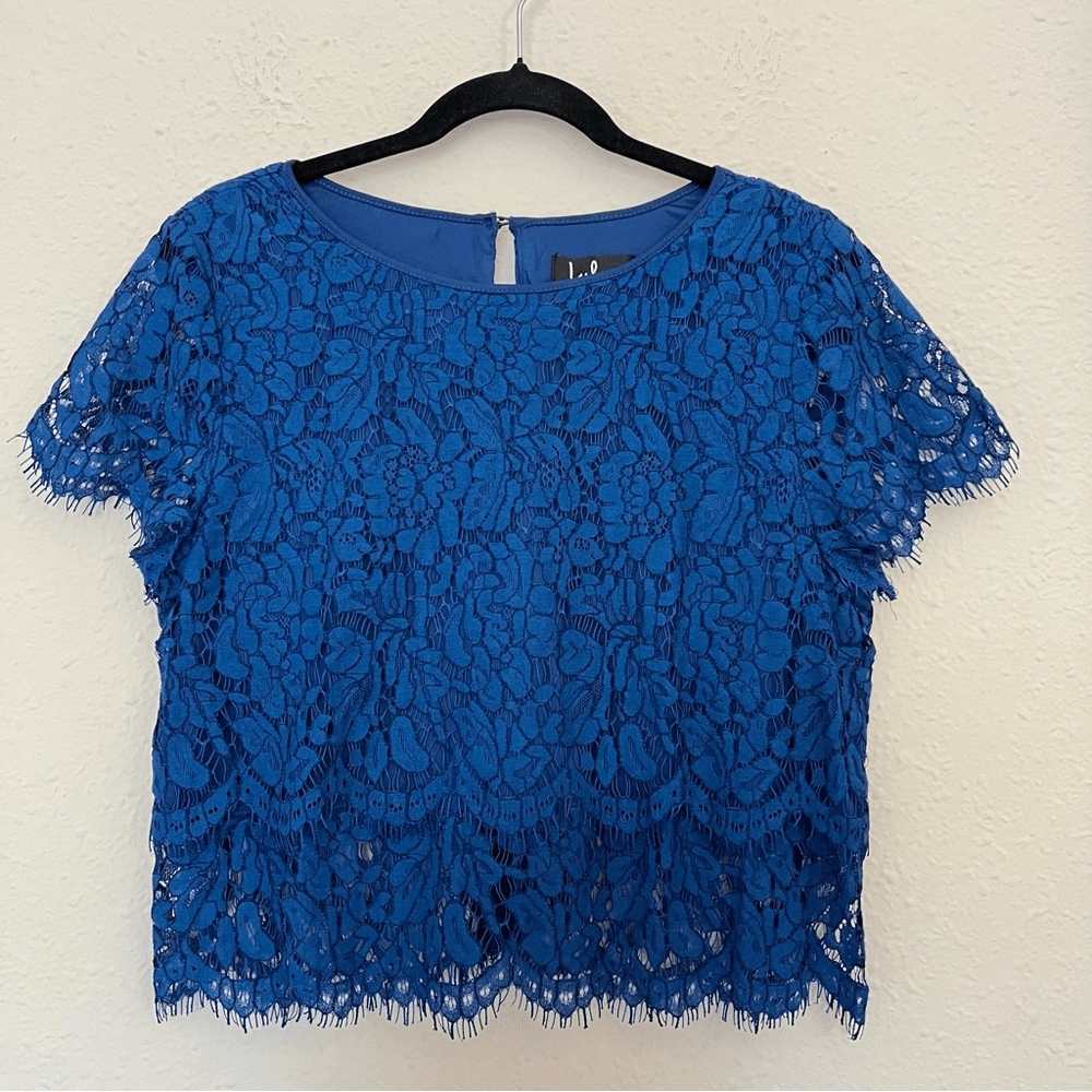 Lulus Heartbeats Blue Eyelash Trim Tiered Lace Blouse Crop Top XL