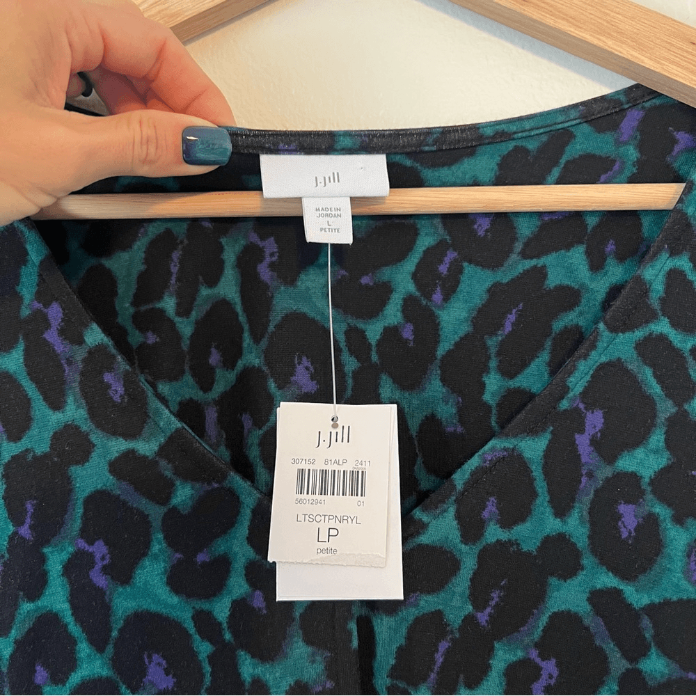 J. Jill Lightweight Ponte Knit Midi Dress NEW Size LP Green Leopard Animal Print