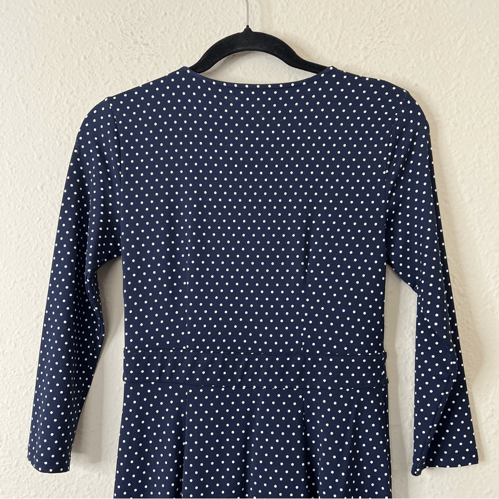Talbots Polka Dot Faux Wrap Stretch Dress Size 2 Petites Navy Blue