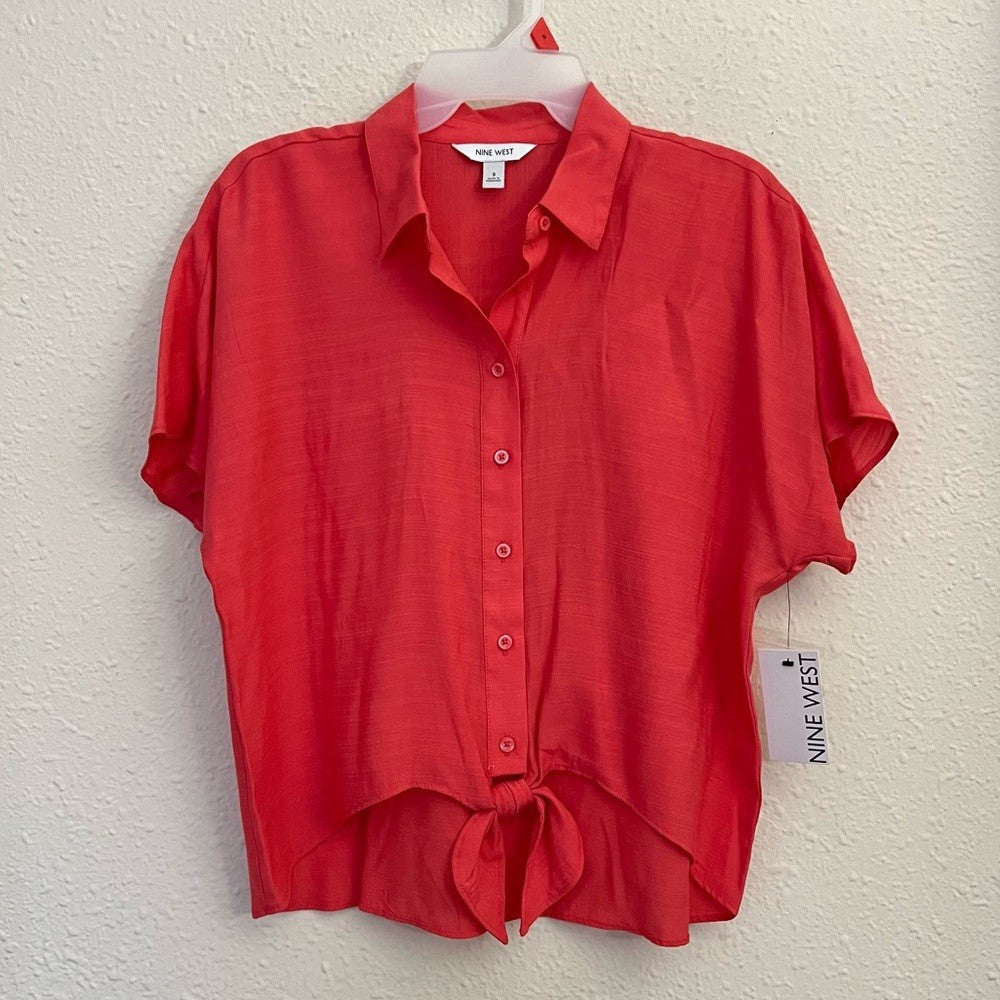 Nine West Button Down Tie Front Shirt Blouse Size Small