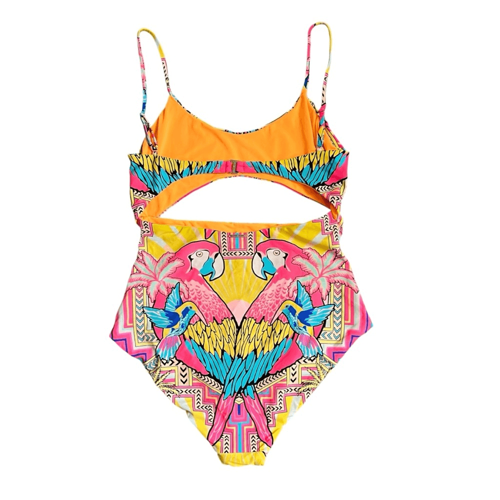 Mara Hoffman Parrot Tropical One Piece Swimsuit Size Large Cutout Pink Yellow