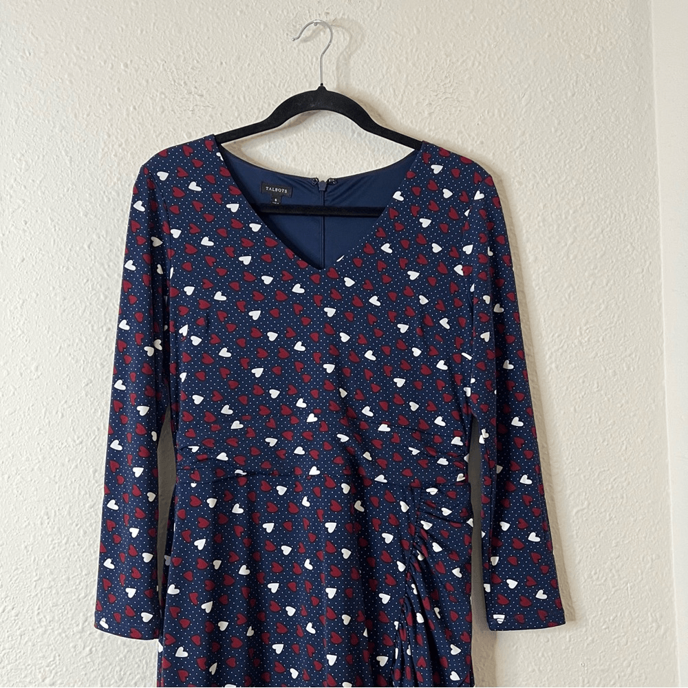 Talbots Heart Print A-Line Jersey Sheath Dress Long Sleeve Navy Blue Size 6