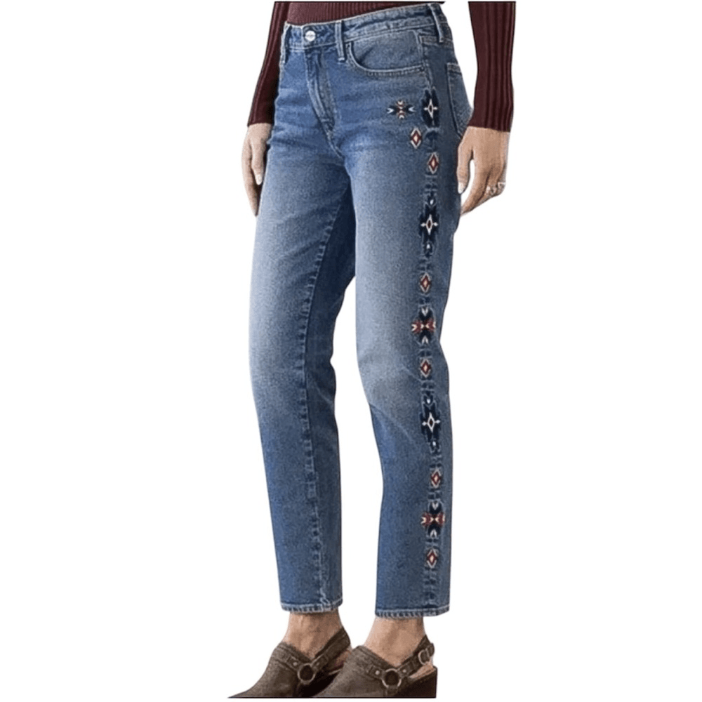 Driftwood Gizelle Aztec Embroidered Girlfriend Slim Jeans Size 28 Medium Wash
