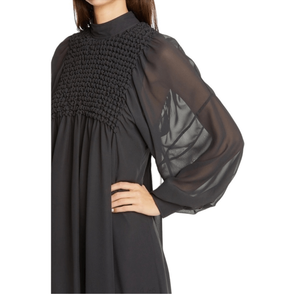 GANNI Smocked Bib Long Sleeve Chiffon Mini Dress NEW EU 42 (US 10/12)