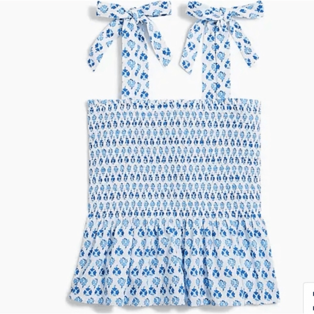 J. Crew Smocked Tie Shoulder Tank Top Floral in White and Blue NEW Size XL