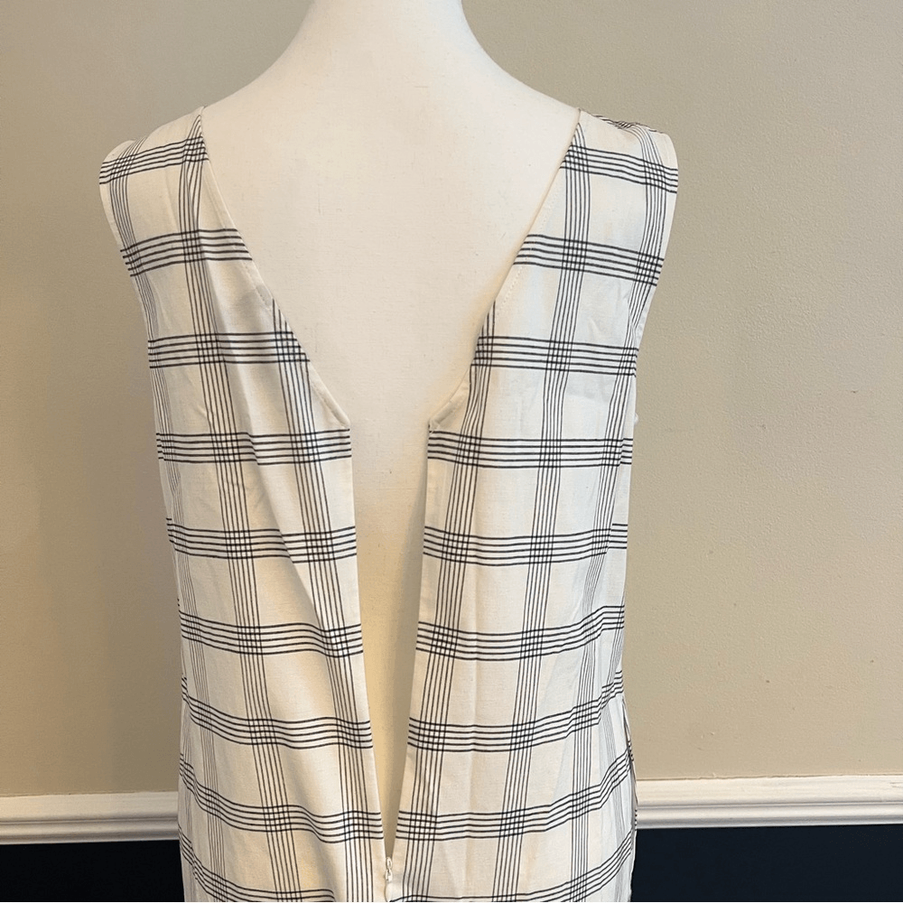 Theory Deep V Linen Blend Spring Plaid Midi Dress Size Medium in Ivory