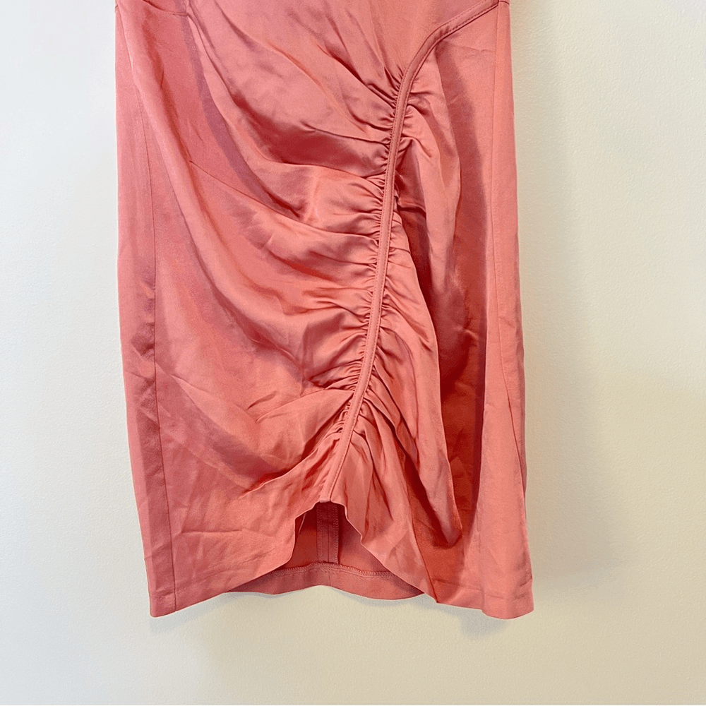 Anthropologie Ruched Asymmetrical Satin Mini Dress NEW Size 2 in Coral Pink
