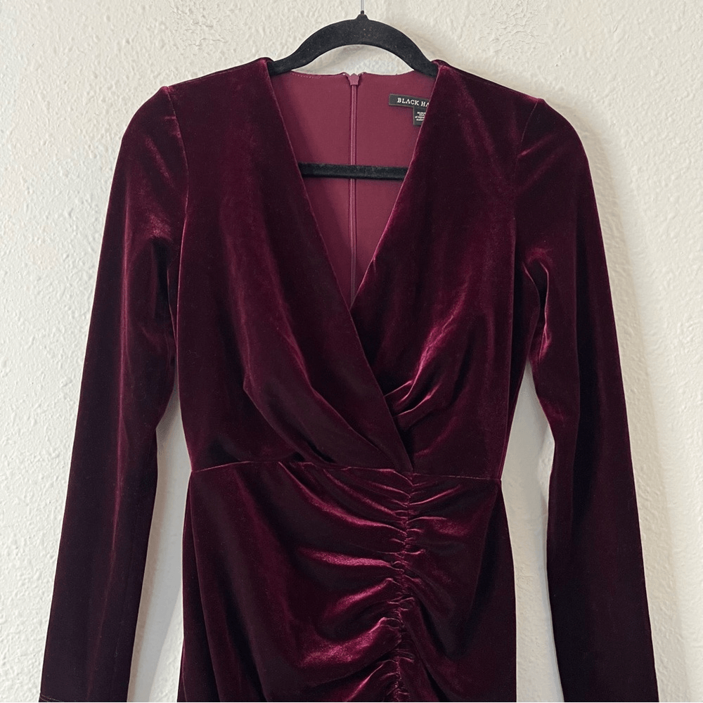 BLACK HALO l Maroon Velvet Long Sleeve V Neck Mini Cocktail Bodycon Dress Size 0