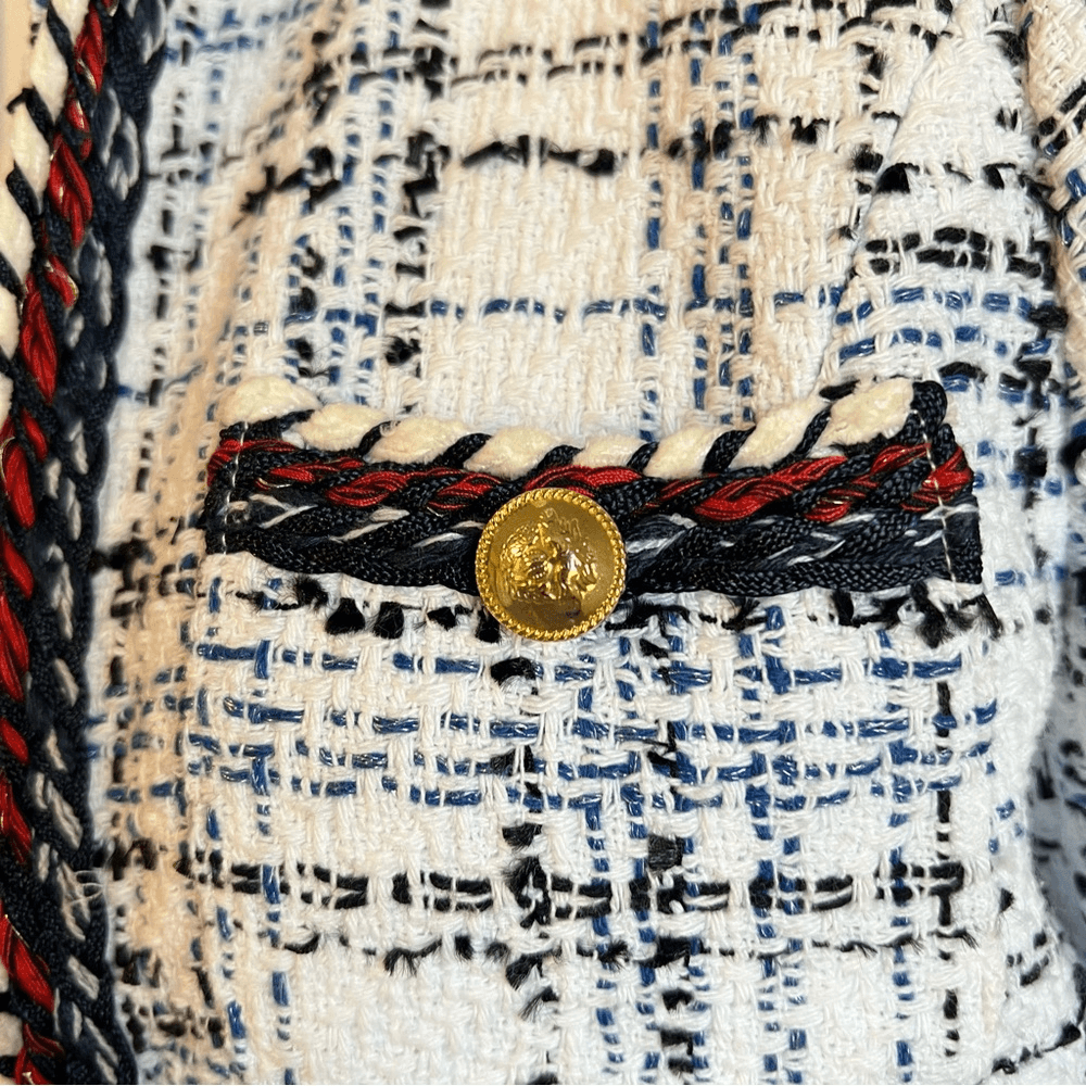 ZARA Textured Tweed Blazer Size Small White, Red, Blue Collarless Open Front