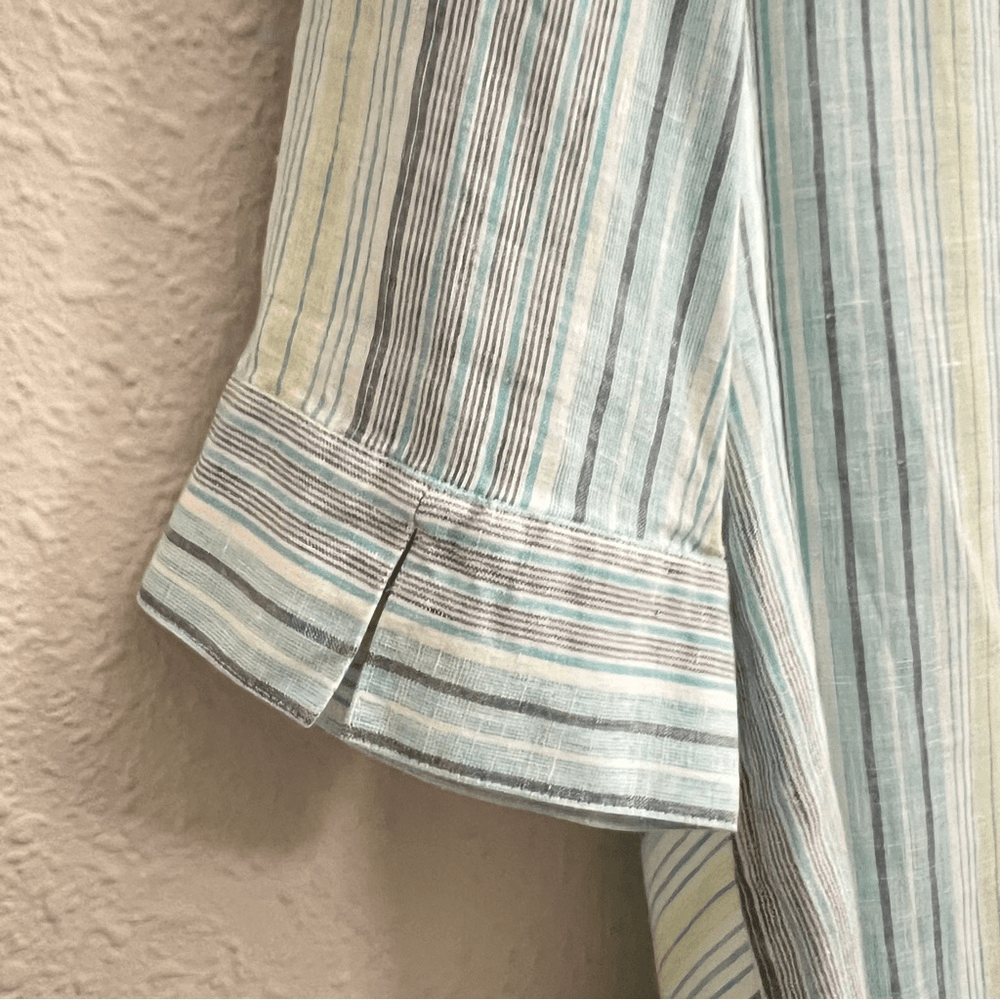 Chicos No Iron Striped 100% Linen Button Front Top Shirt Teal Blue White Size XL