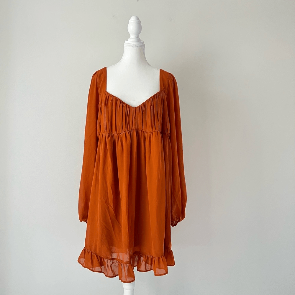 Abercrombie & Fitch Long-Sleeve Ruched Babydoll Mini Dress Size XLT Burnt Orange