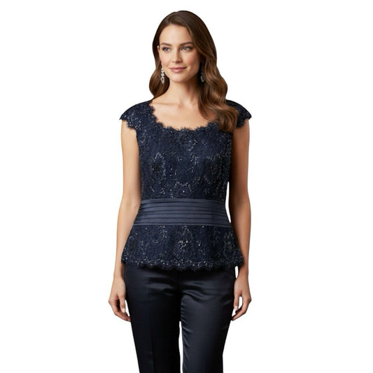 Tadashi Collection Sequin Beaded Navy Blue Top Blouse Size 8 Silk Embellishment