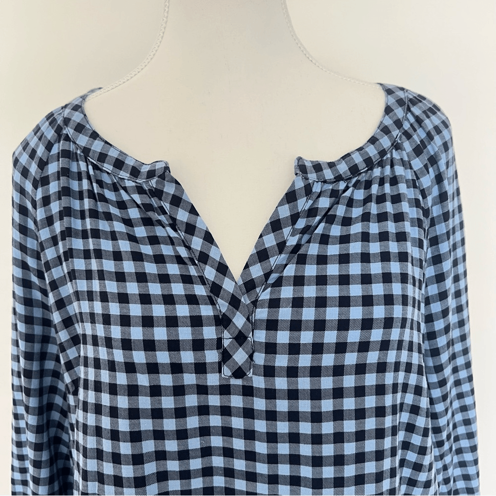 TALBOTS Blue Gingham Check Pullover Blouse Top Lon Sleeve Size Medium