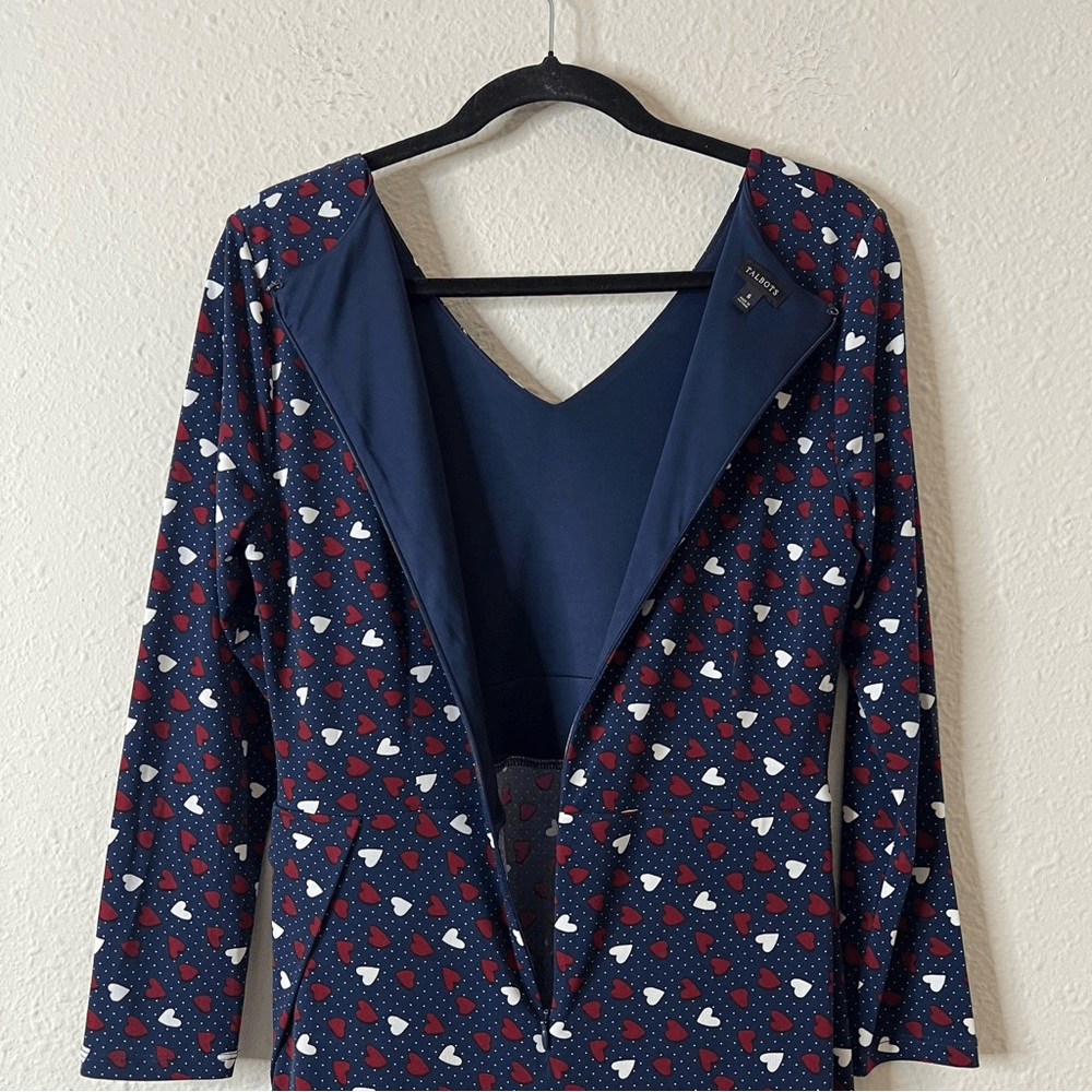 Talbots Heart Print A-Line Jersey Sheath Dress Long Sleeve Navy Blue Size 6