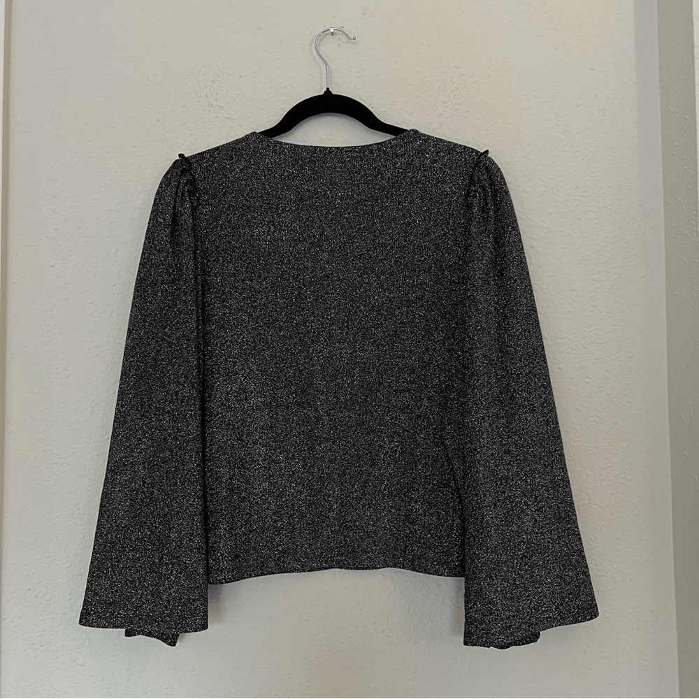 Express Sparkling Silver Metallic Bell Puff Sleeve Blouse Top Size Medium