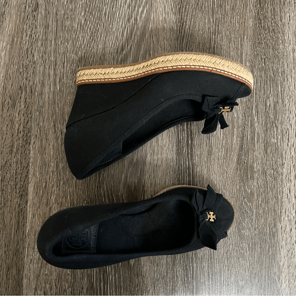 Tory Burch Jackie Peep-Toe Espadrille Wedge Shoes in Black Size 6,5