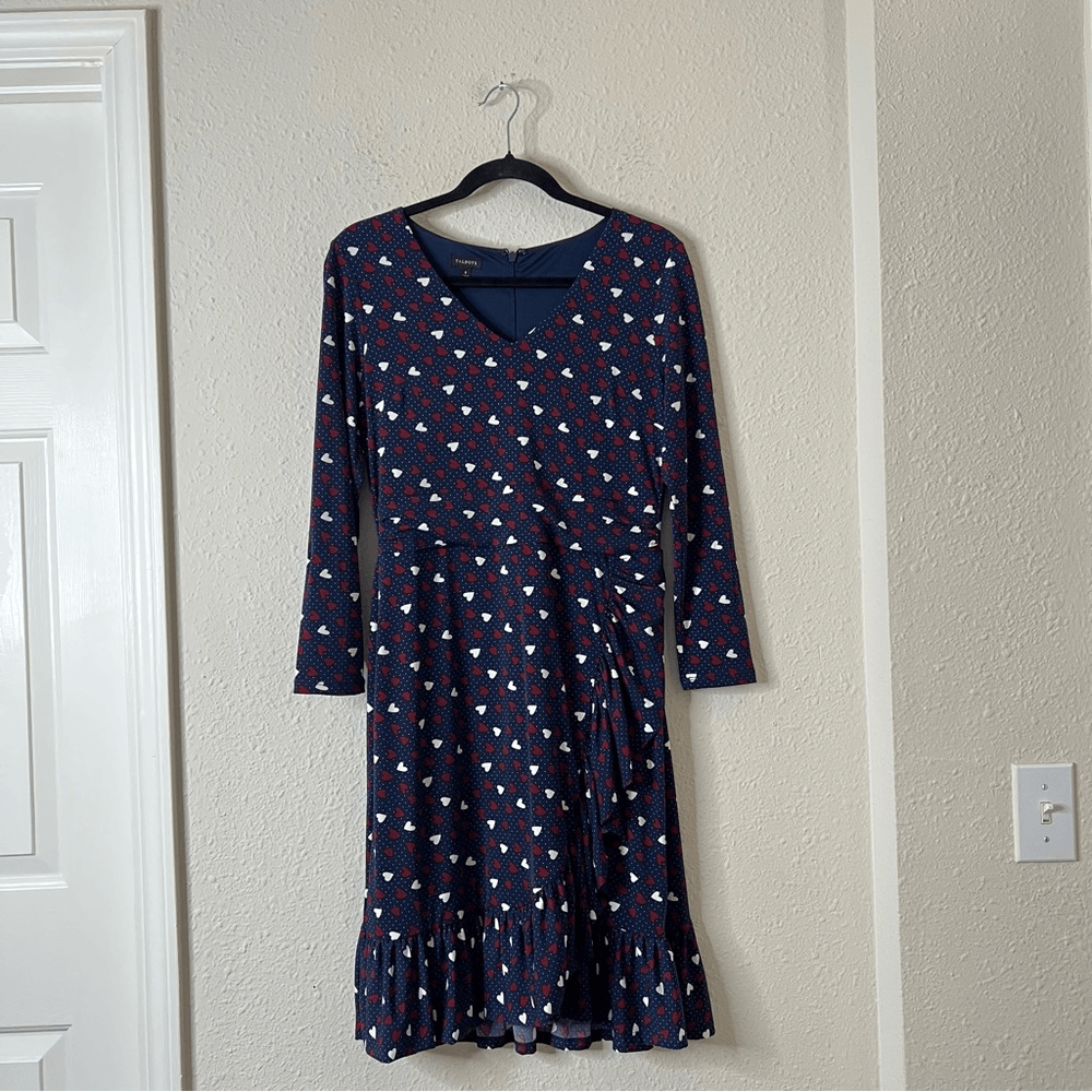 Talbots Heart Print A-Line Jersey Sheath Dress Long Sleeve Navy Blue Size 6