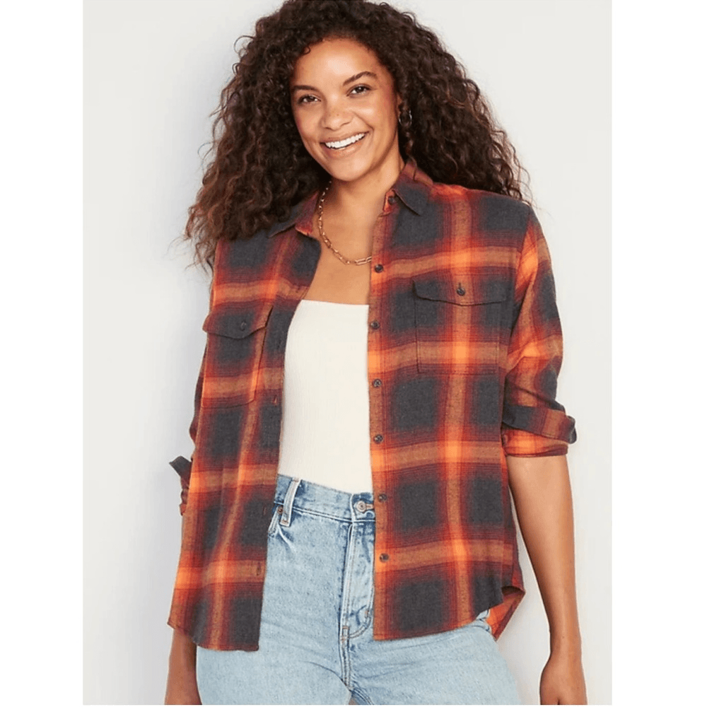 Taylor Swift Evermore Flannel Button Down Shirt Size Small Old Navy Orange Gray