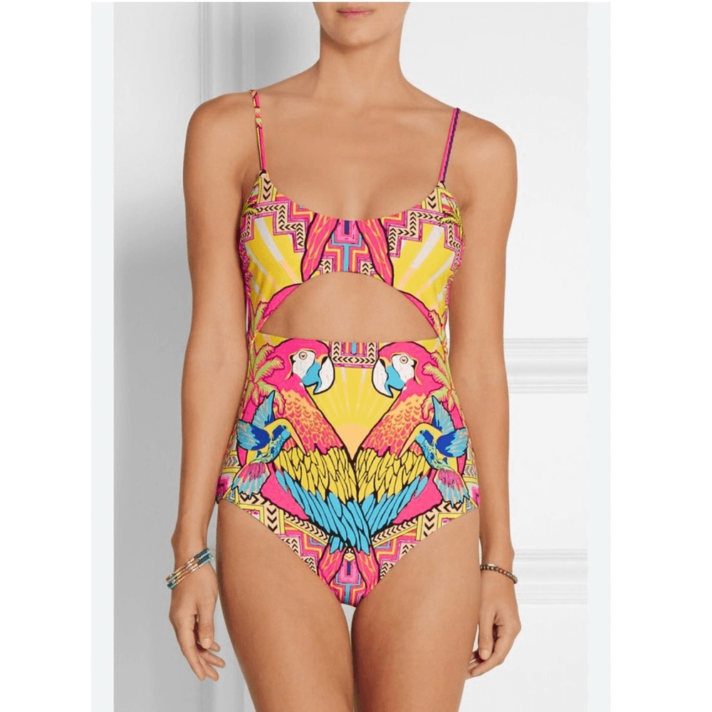 Mara Hoffman Parrot Tropical One Piece Swimsuit Size Large Cutout Pink Yellow