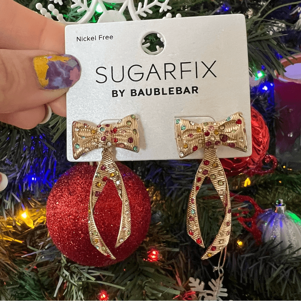 Sugarfix Baublebar Gift Bow Holiday Christmas Drop Earrings NEW