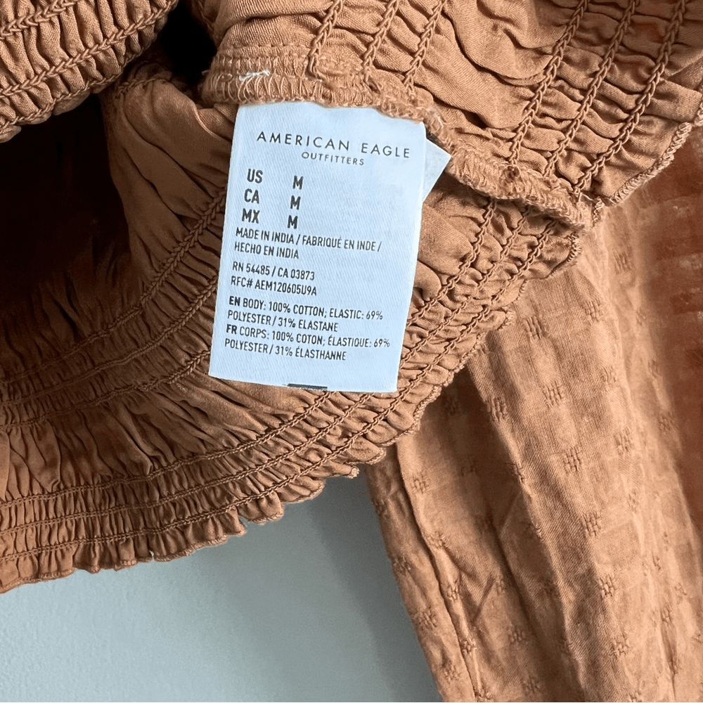 American Eagle Smocked Blouse NEW Brown Puff Long Sleeve Size Medium Square Neck