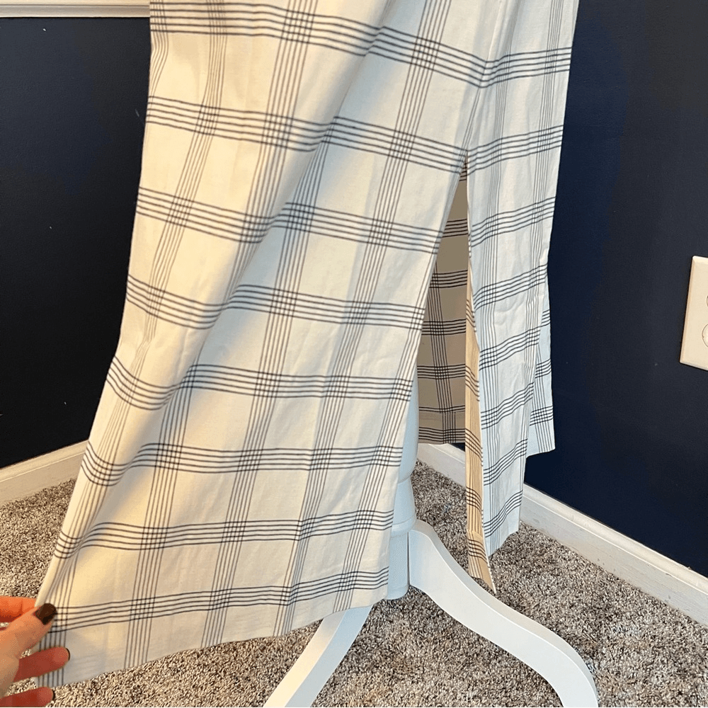 Theory Deep V Linen Blend Spring Plaid Midi Dress Size Medium in Ivory