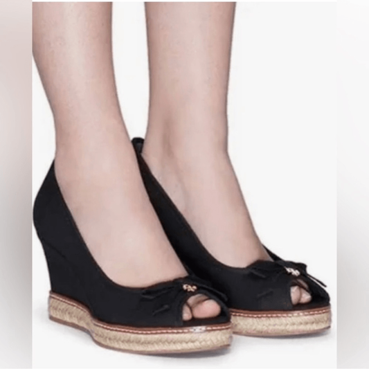 Tory Burch Jackie Peep-Toe Espadrille Wedge Shoes in Black Size 6,5