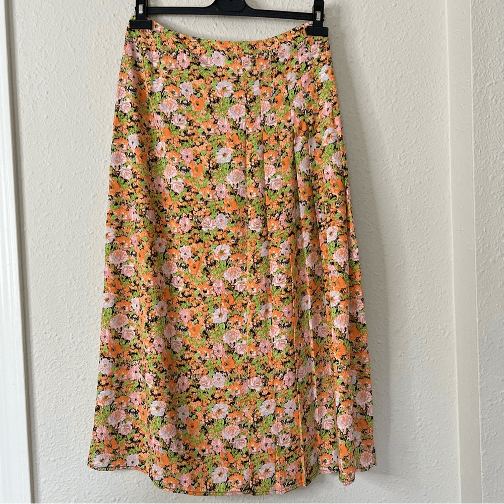 Open Edit Pleated Midi Skirt Orange Multi Meadow Floral Size Medium