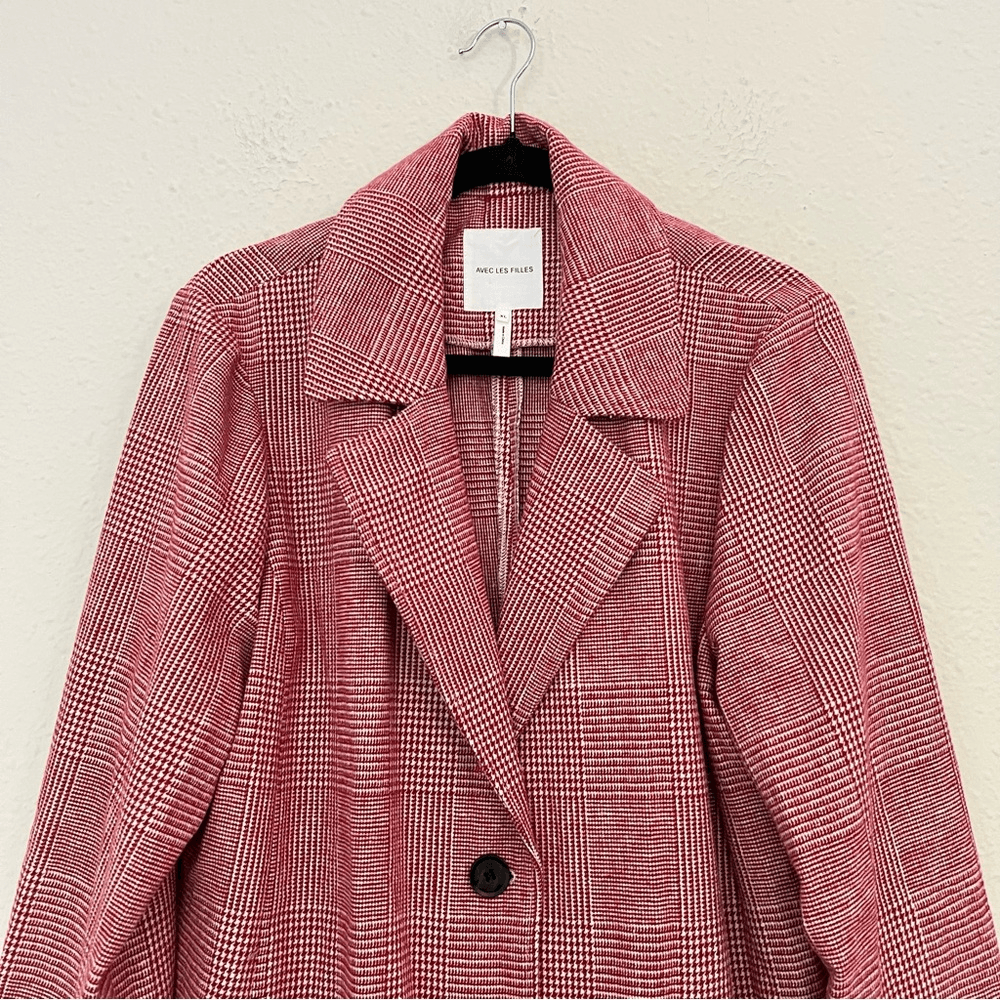 Anthropologie Avec Les Filles Red Houndstooth Plaid Longline Blazer NEW Size XL