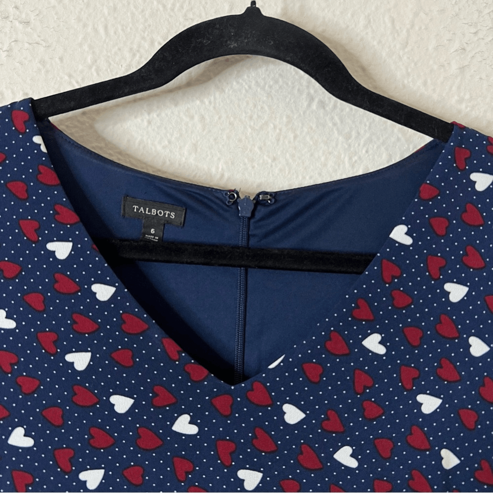 Talbots Heart Print A-Line Jersey Sheath Dress Long Sleeve Navy Blue Size 6