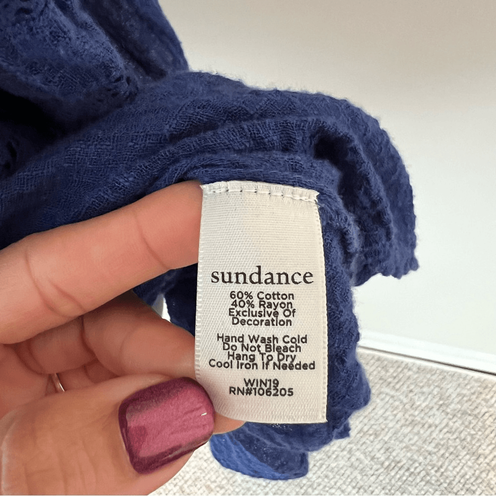 Sundance Gypsette Long Sleeve Crinkle Gauze Blouse in Blue Size Medium Tassel
