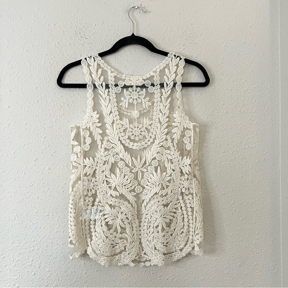Anthropologie Pins & Needles Cream Embroidered Sheer Lace Tank Top Size Small