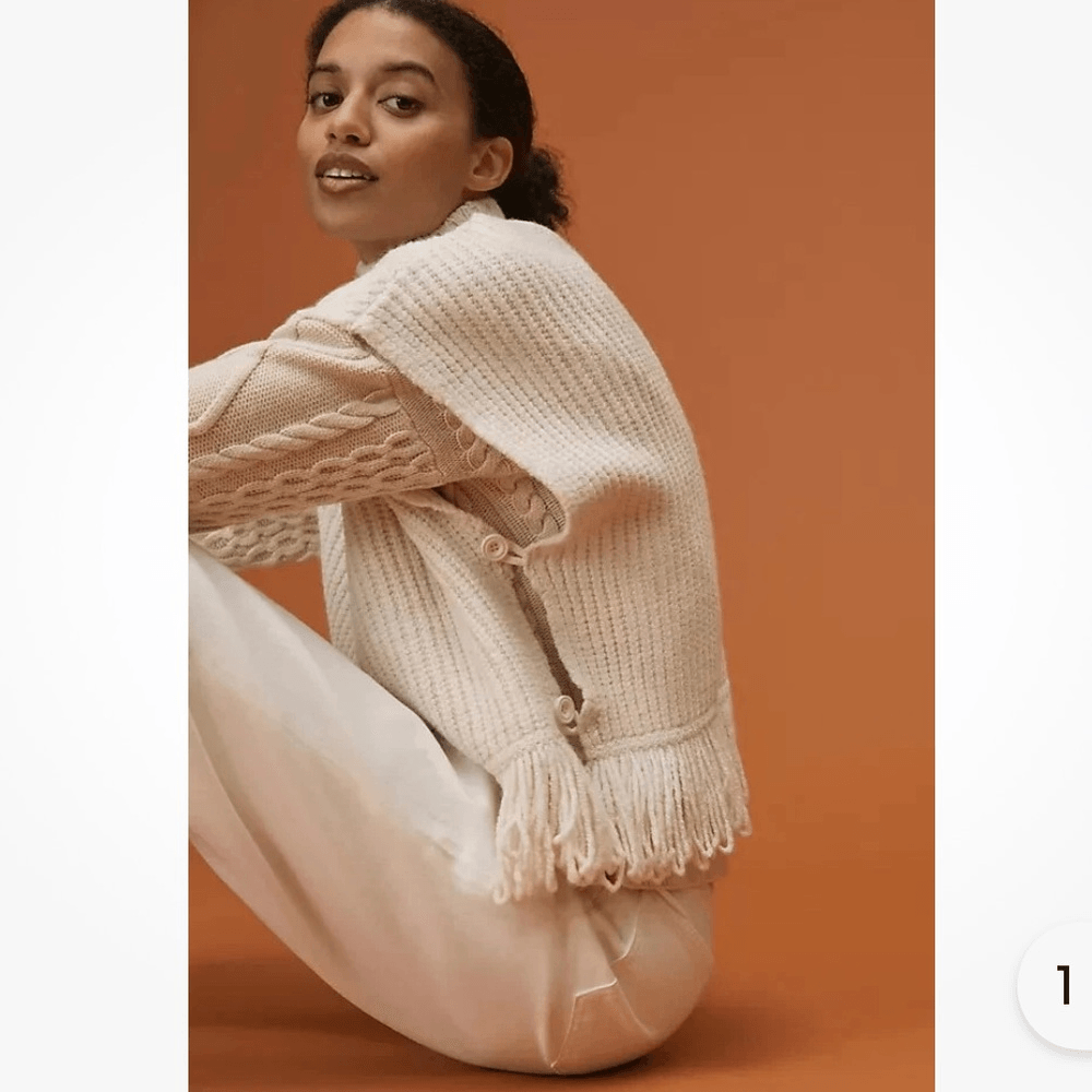 Anthropologie Fringed Mock Neck Ivory Sleeveless Sweater Vest Size Large