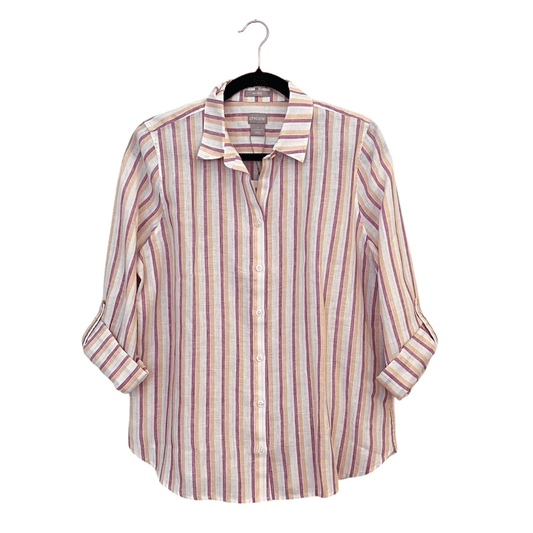 Chico’s Linen Metallic Striped Roll-Tab Button Front Shirt NEW Size 1