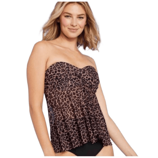 Kona Sol Leopard Print Tankini Swim Top Twist Front Bandeau Flyaway NEW Small