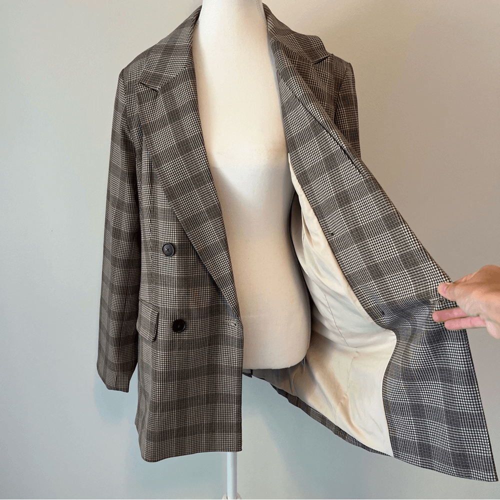 A New Day Plaid Blazer Jacket in Tan Size Medium Double Breasted Career Work