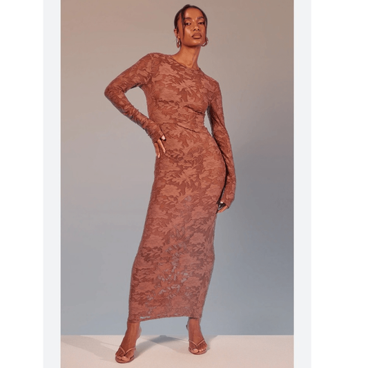 Pretty Little Thing Mocha Floral Sheer Burnout Maxi Dress Long Sleeve NEW Sz 12