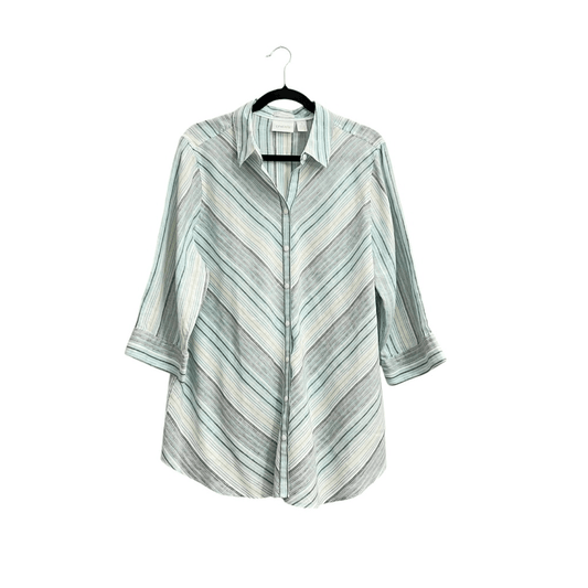 Chicos No Iron Striped 100% Linen Button Front Top Shirt Teal Blue White Size XL