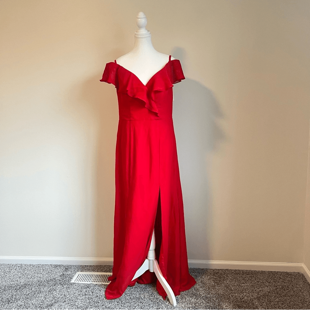 JJs House Red Off the Shoulder Sheath/Column Maxi Chiffon Bridesmaid Dress NEW