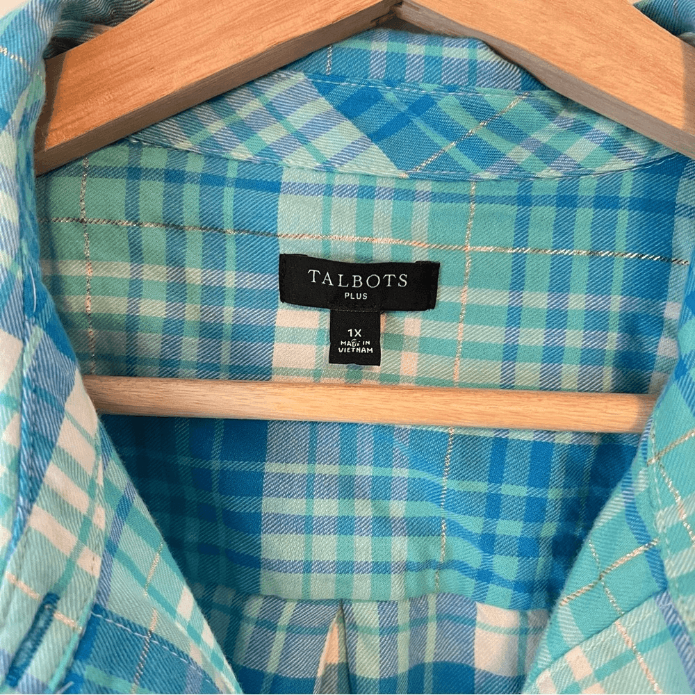 Talbots Cotton Button Front Shirt - Ornament Plaid Metallic in Blue Size 1X